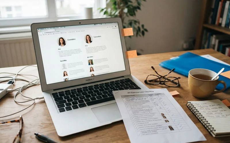 A person at a laptop comparing counselor profiles and ratings on a directory website in a home office setting